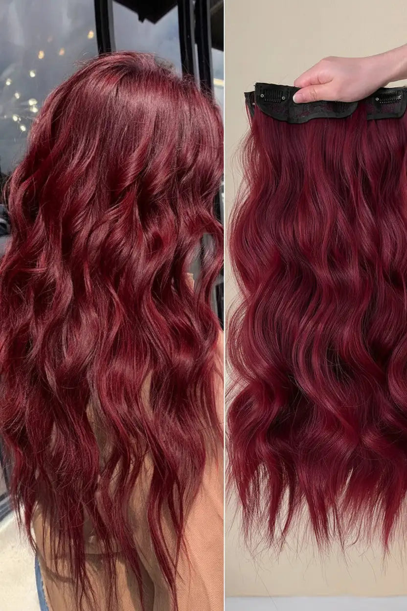 16-Piece Water Wave Clip-In Hair Extensions for Women – Full Head Coverage, Soft Natural Wave Texture – Perfect for Everyday Wear & Special Occasions – Synthetic Fiber, 24 Inch, Burgundy