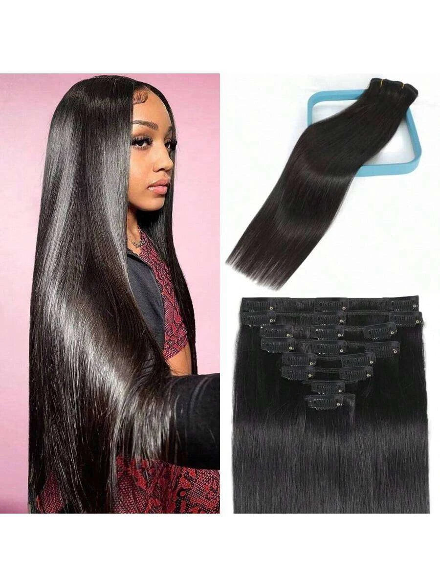 Straight Clip-In Hair Extensions for Women – 8-Piece Full Head Set, Soft Silky Invisible Edge – Perfect for Everyday Wear – Brazilian Human Hair Blend, 16–24 Inch, Natural Black