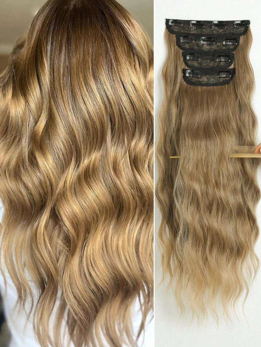 16-Piece Water Wave Clip-In Hair Extensions for Women – Full Head Coverage, Soft Natural Wave Texture – Perfect for Everyday Wear & Special Occasions – Synthetic Fiber, 24 Inch, Blonde Ombre