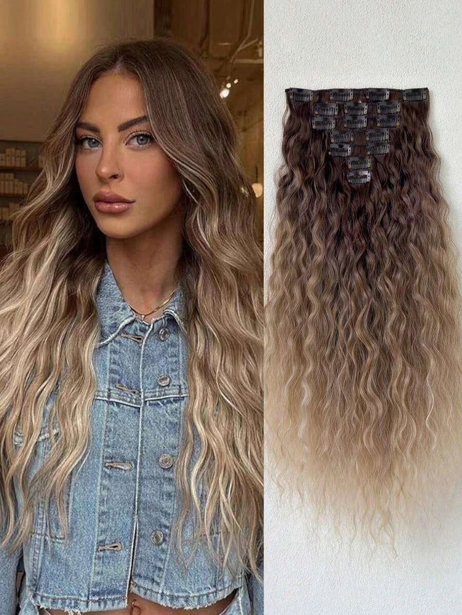 16-Piece Water Wave Clip-In Hair Extensions for Women – Full Head Coverage, Soft Natural Wave Texture – Perfect for Everyday Wear & Special Occasions – Synthetic Fiber, 24 Inch, Ombre