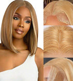 Glueless Straight Bob Lace Frontal Wig for Women – 13x4 Transparent Ear-to-Ear Lace, Short Bob Style – Perfect for Halloween & Costume Looks – Brazilian Human Hair Blend, 10–12 Inch, Honey Blonde Ombre (S27/613)