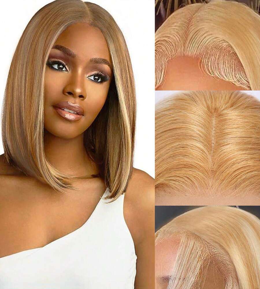 Glueless Straight Bob Lace Frontal Wig for Women – 13x4 Transparent Ear-to-Ear Lace, Short Bob Style – Perfect for Halloween & Costume Looks – Brazilian Human Hair Blend, 10–12 Inch, Honey Blonde Ombre (S27/613)