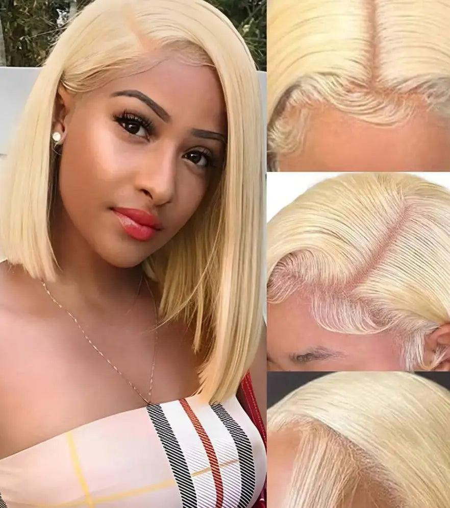 Glueless Straight Bob Lace Frontal Wig for Women – 13x4 Transparent Ear-to-Ear Lace, Short Bob Style – Perfect for Halloween & Costume Looks – Brazilian Human Hair Blend, 10–12 Inch, Blonde (S613)