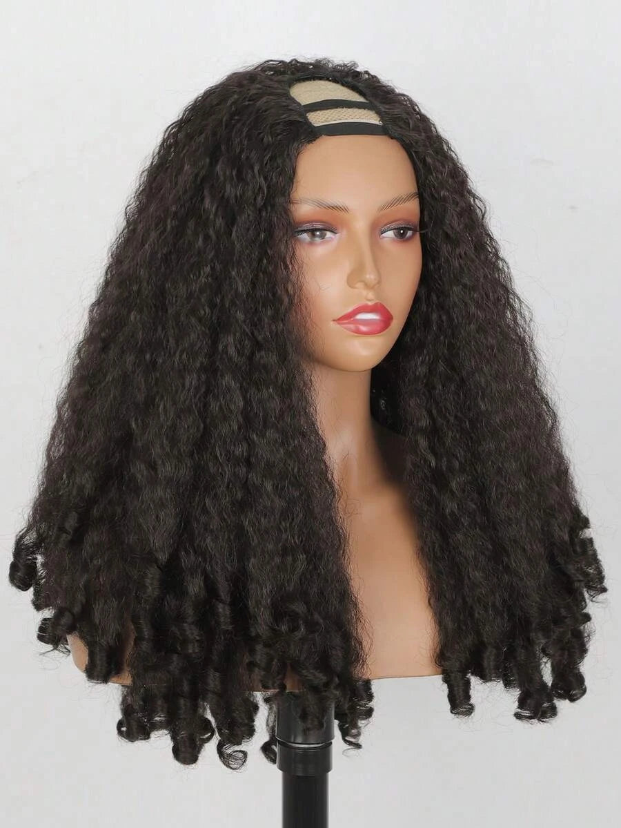 Glueless Afro Kinky Curly U-Part Half Wig for Women – Clip-In, Bouncy Curly Ends, Elastic Mesh Cap – Perfect for Daily Protective Styling – Synthetic Fiber, 24 Inch