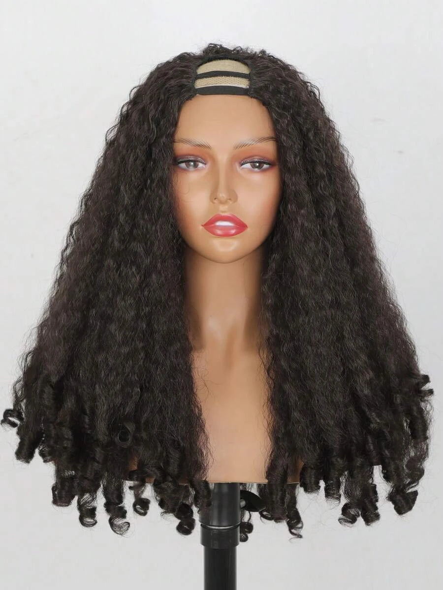 Glueless Afro Kinky Curly U-Part Half Wig for Women – Clip-In, Bouncy Curly Ends, Elastic Mesh Cap – Perfect for Daily Protective Styling – Synthetic Fiber, 24 Inch