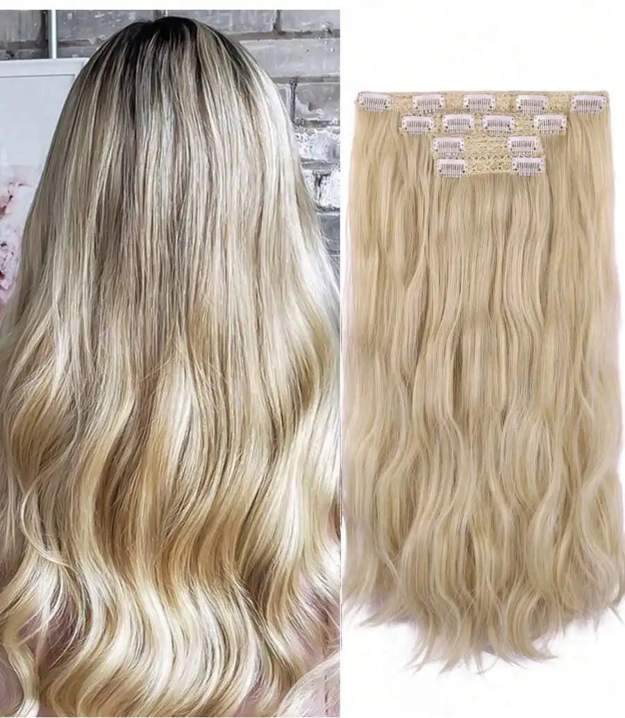 Clip-In Long Curly Hair Extension for Women – Instant Length & Volume, Easy Attach – Perfect for Everyday Wear & Special Occasions – Synthetic Fiber, BLONDE