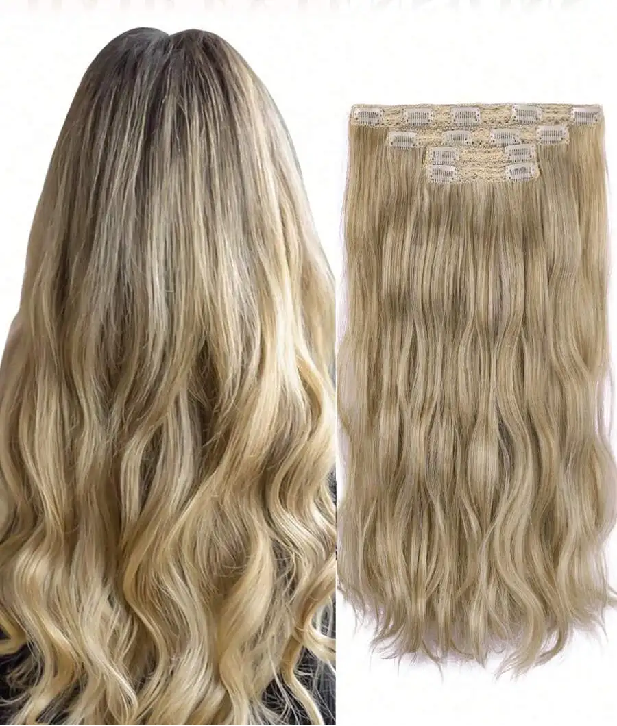 Clip-In Long Curly Hair Extension for Women – Instant Length & Volume, Easy Attach – Perfect for Everyday Wear & Special Occasions – Synthetic Fiber, Champagne