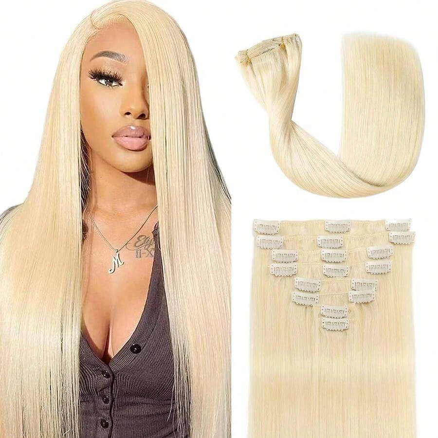 Straight Clip-In Hair Extensions for Women – 8-Piece Full Head Set, Soft Silky Invisible Edge – Perfect for Everyday Wear – Brazilian Human Hair Blend, 16–24 Inch, S613