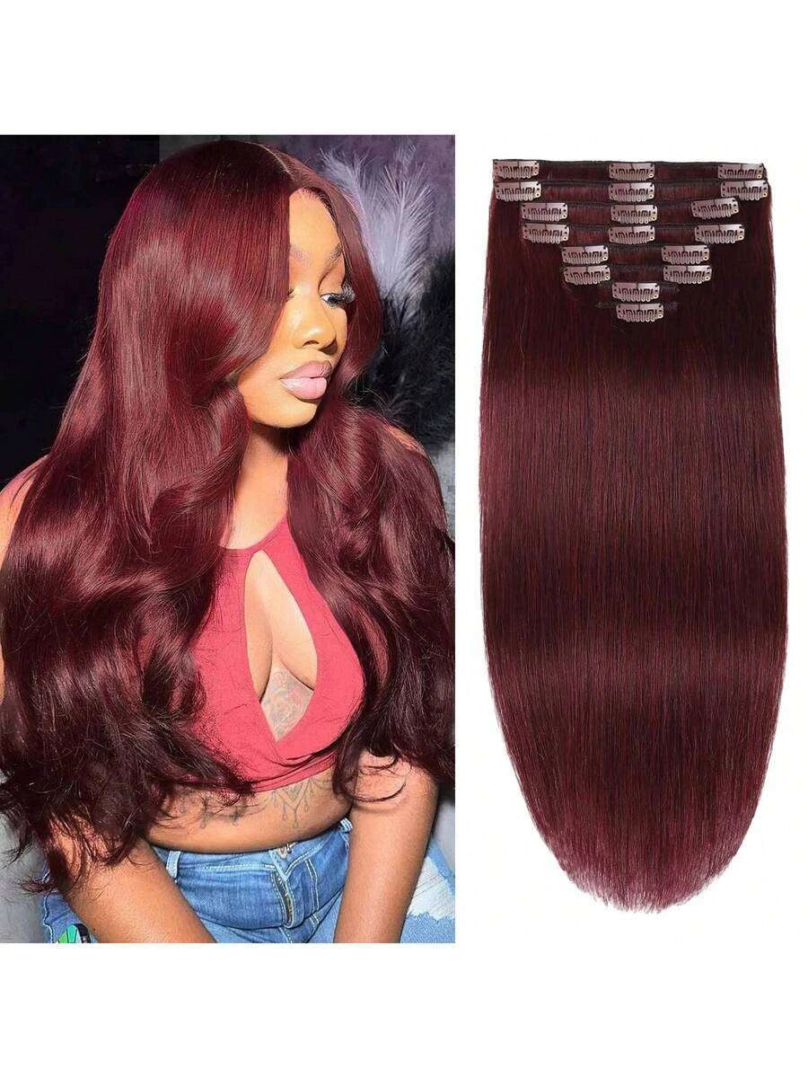 Straight Clip-In Hair Extensions for Women – 8-Piece Full Head Set, Soft Silky Invisible Edge – Perfect for Everyday Wear – Brazilian Human Hair Blend, 16–24 Inch, S99J
