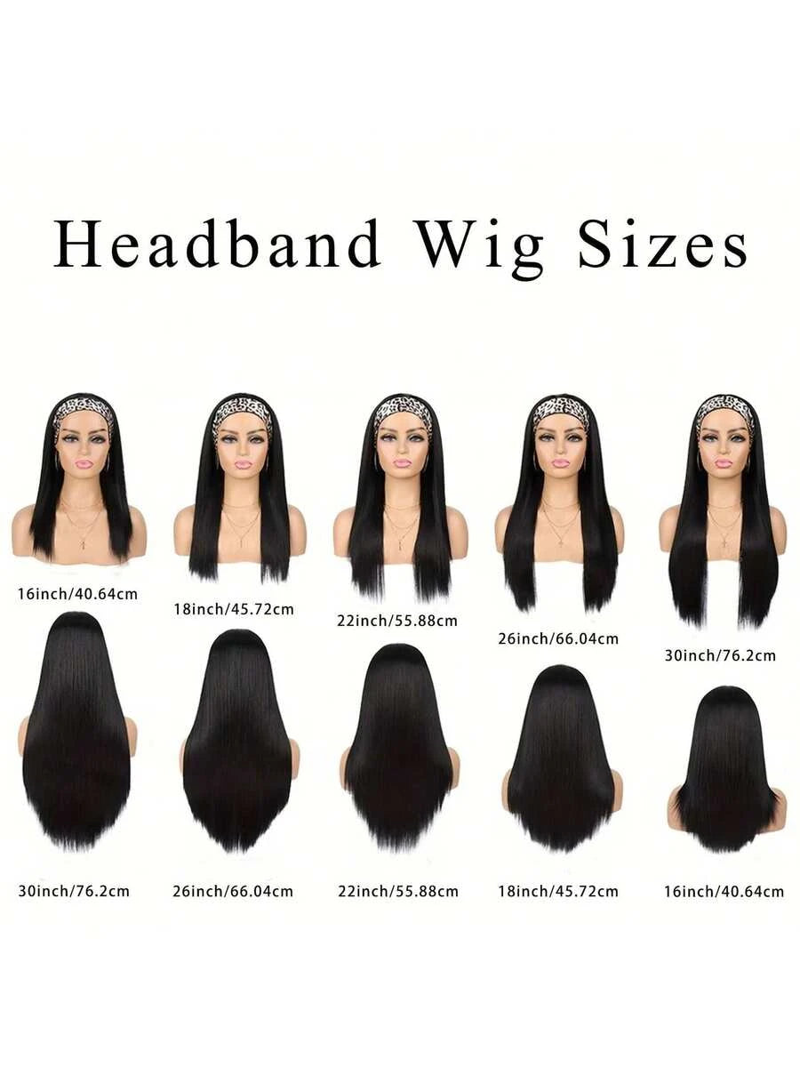 Glueless Black Straight Headband Wig for Women – Elastic Mesh Cap, Natural-Looking Fit – Perfect for Daily Wear & Parties – Synthetic Fiber, 16–34 Inch