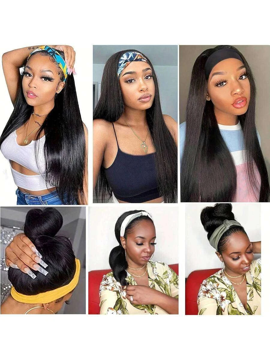 Glueless Black Straight Headband Wig for Women – Elastic Mesh Cap, Natural-Looking Fit – Perfect for Daily Wear & Parties – Synthetic Fiber, 16–34 Inch