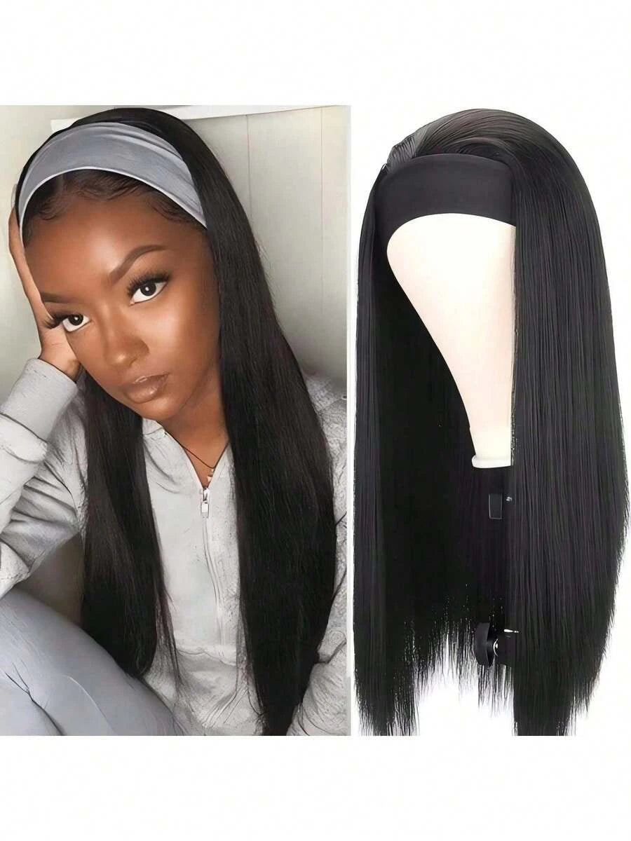 Glueless Black Straight Headband Wig for Women – Elastic Mesh Cap, Natural-Looking Fit – Perfect for Daily Wear & Parties – Synthetic Fiber, 16–34 Inch