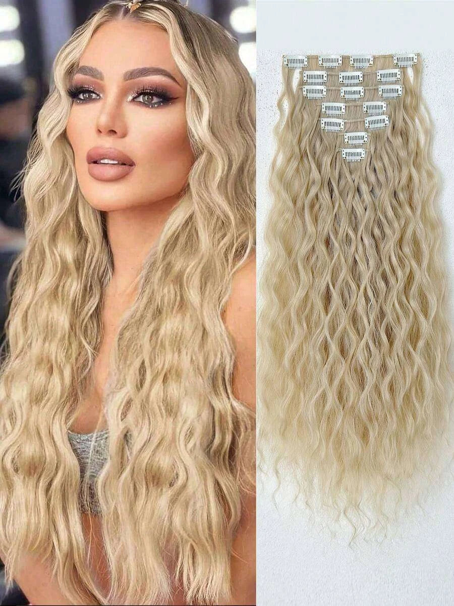16-Piece Water Wave Clip-In Hair Extensions for Women – Full Head Coverage, Soft Natural Wave Texture – Perfect for Everyday Wear & Special Occasions – Synthetic Fiber, 24 Inch, Multicolor