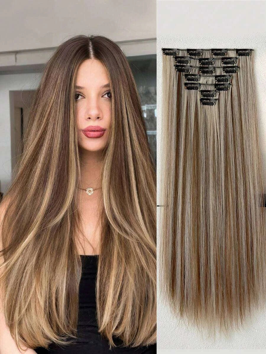 16-Piece Water Wave Clip-In Hair Extensions for Women – Full Head Coverage, Soft Natural Wave Texture – Perfect for Everyday Wear & Special Occasions – Synthetic Fiber, 24 Inch, Brown Highlight, Brunette t
