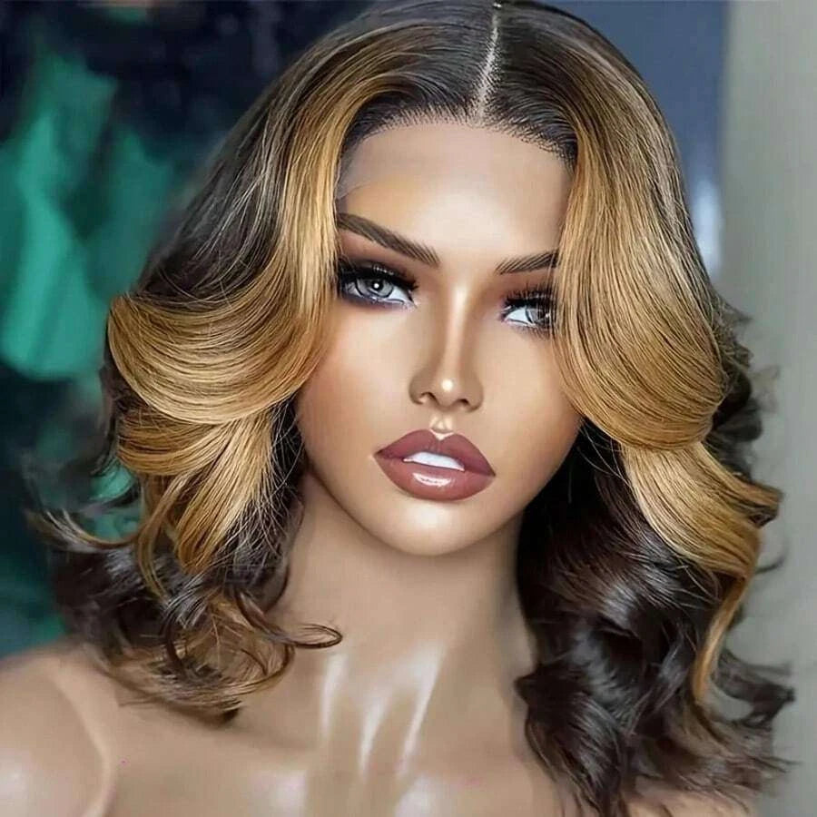 Glueless Body Wave Bob Lace Front Wig for Women – 13x4/13x6 HD Lace, Pre-Plucked Remy Hair, 250% Density – Perfect for Everyday Wear – Brazilian Human Hair Blend, 8–16 Inch, Brown & Honey Blonde Ombre (S4/27)
