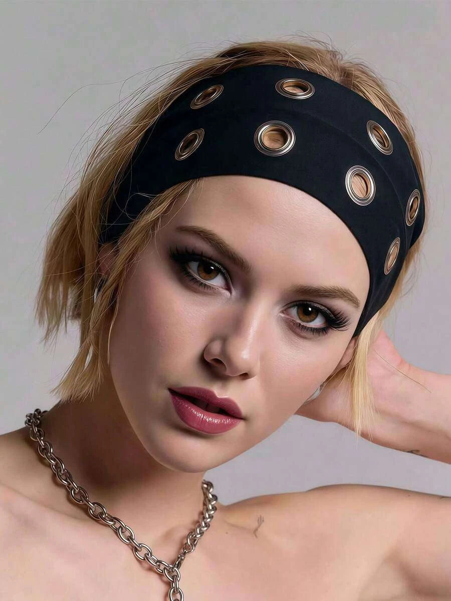 Anti-Slip Elastic Hollow-Out Headband for Women – Punk Gothic Style, Soft Stretch Fit – Perfect for Beach, Yoga, Sports & Daily Wear – Polyester, One Size