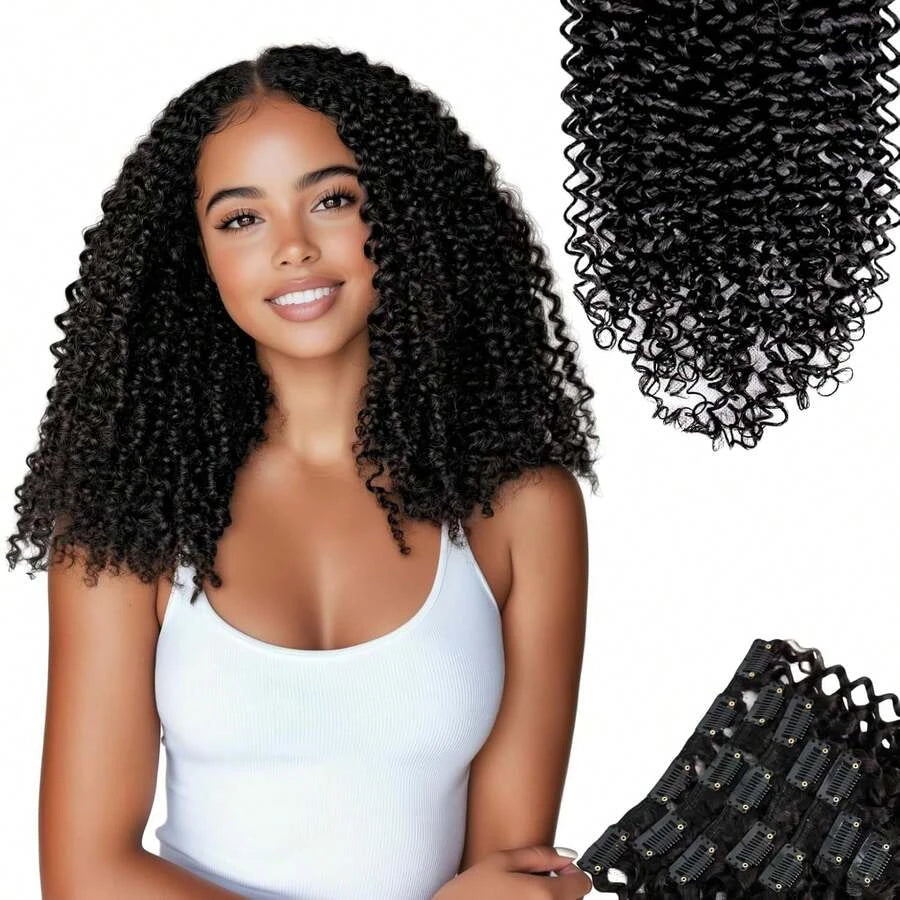 Kinky Curly Clip-In Hair Extensions for Women – 8-Piece Full Head Set, 120g Thick Double Weft – Perfect for Back to School & Everyday Wear – Brazilian Human Hair Blend, 8–24 Inch