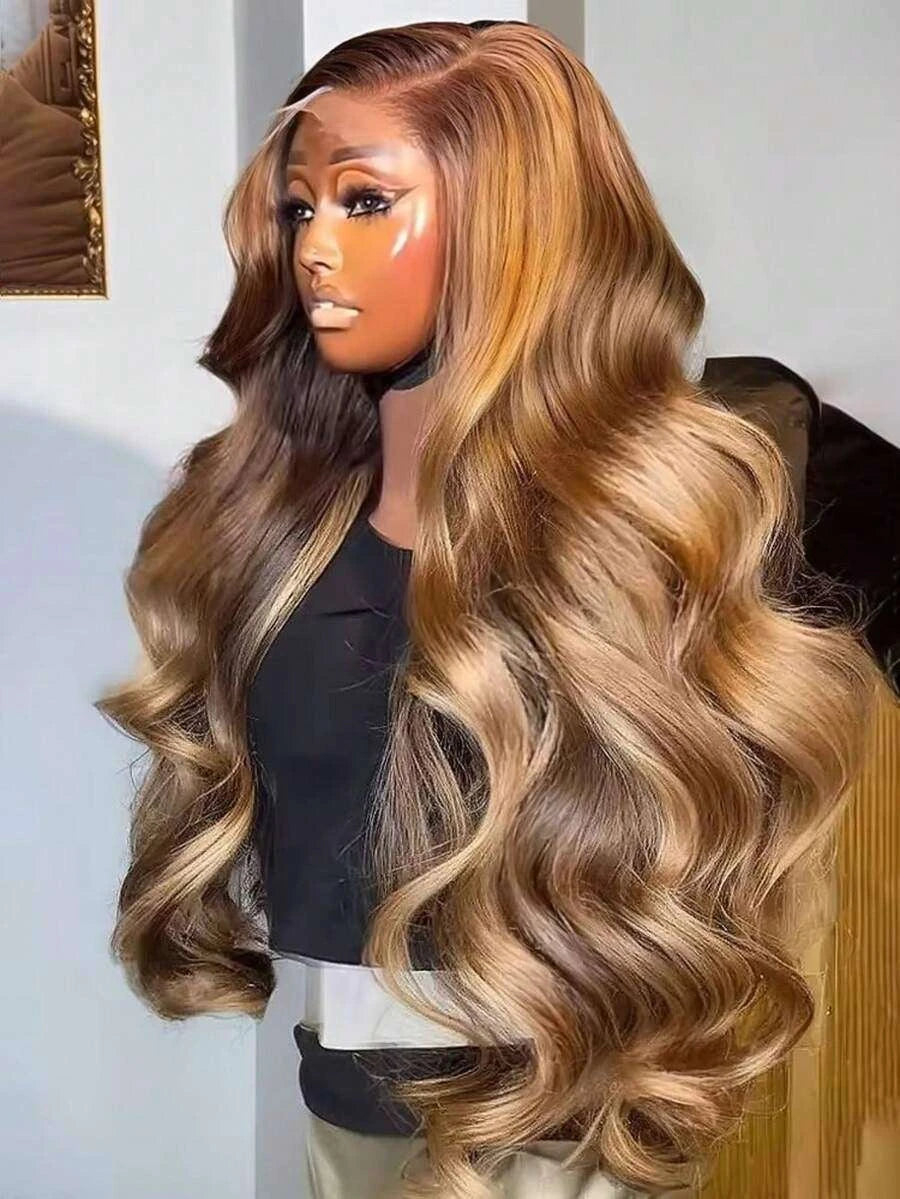 Glueless Money Piece Brown Body Wave Lace Front Human Hair Wig for Women – 13x4 HD Transparent Lace, Pre-Plucked Hairline – Perfect for Everyday Wear & Special Occasions – Brazilian Human Hair Blend, 8–34 Inch