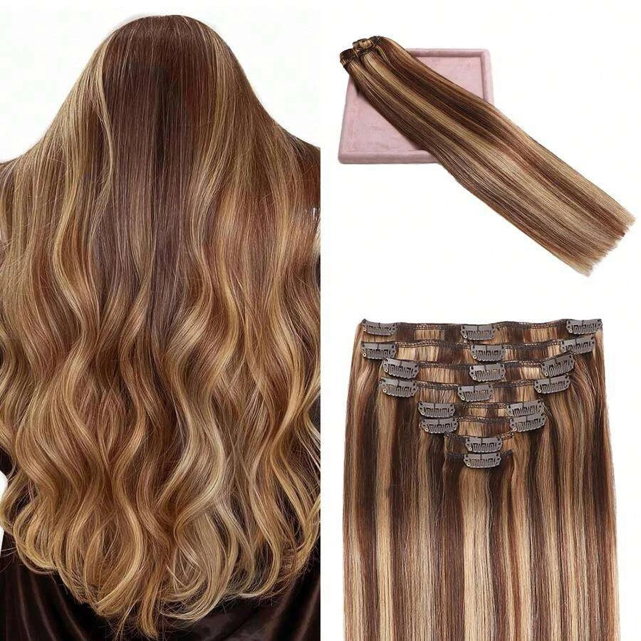 Straight Clip-In Hair Extensions for Women – 8-Piece Full Head Set, Soft Silky Invisible Edge – Perfect for Everyday Wear – Brazilian Human Hair Blend, 16–24 Inch, S4/27