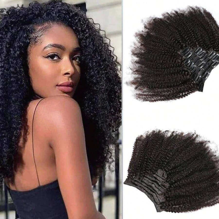 Afro Curly Clip-In Hair Extensions for Women – 8-Piece Full Head Set, 120g Thick Double Weft – Perfect for Back to School & Everyday Wear – Brazilian Human Hair Blend, 8–24 Inch