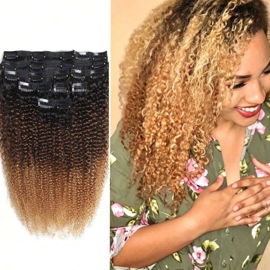 Afro Curly Clip-In Hair Extensions for Women – 8-Piece Full Head Set, 120g Thick Double Weft – Perfect for Back to School & Everyday Wear – Brazilian Human Hair Blend, 8–24 Inch, S1/4/27
