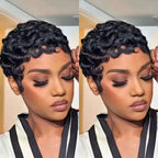 Short Bob Pixie Wig No Lace Machine Made Quick Weave, 250% Density, Curly Wave, 100% Brazilian Human Hair, Elegant Natural, 2-6 In