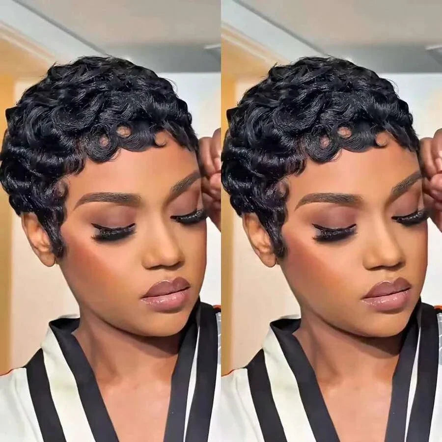 Short Bob Pixie Wig No Lace Machine Made Quick Weave, 250% Density, Curly Wave, 100% Brazilian Human Hair, Elegant Natural, 2-6 In