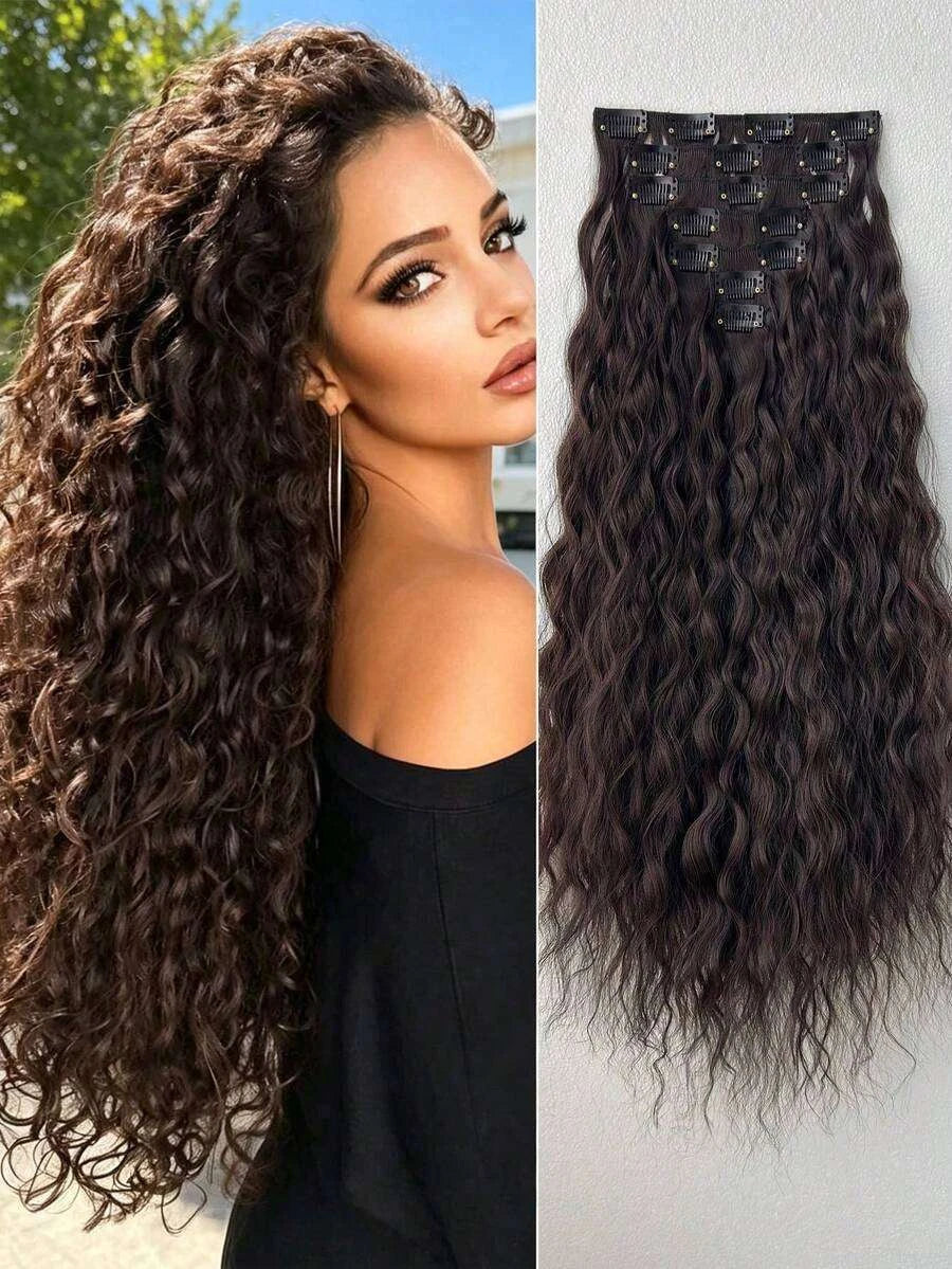 16-Piece Water Wave Clip-In Hair Extensions for Women – Full Head Coverage, Soft Natural Wave Texture – Perfect for Everyday Wear & Special Occasions – Synthetic Fiber, 24 Inch, Brown