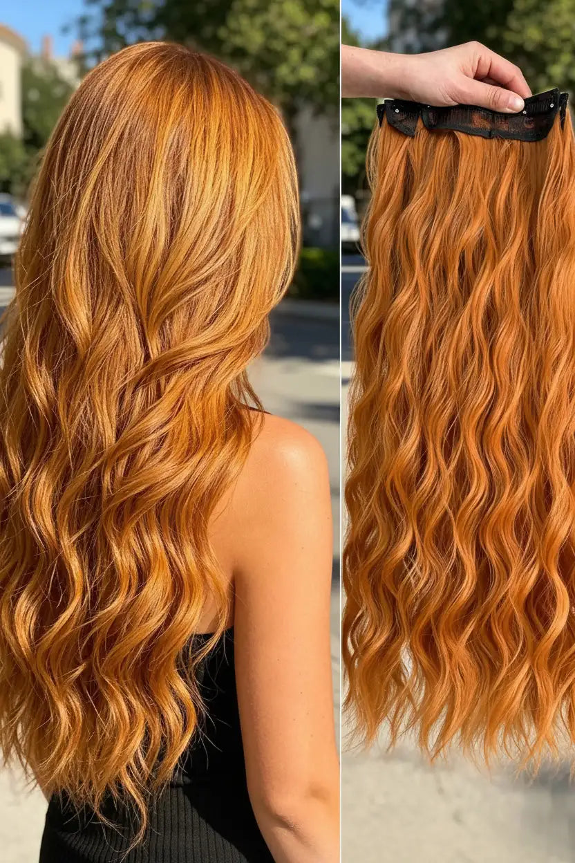 16-Piece Water Wave Clip-In Hair Extensions for Women – Full Head Coverage, Soft Natural Wave Texture – Perfect for Everyday Wear & Special Occasions – Synthetic Fiber, 24 Inch, Orange