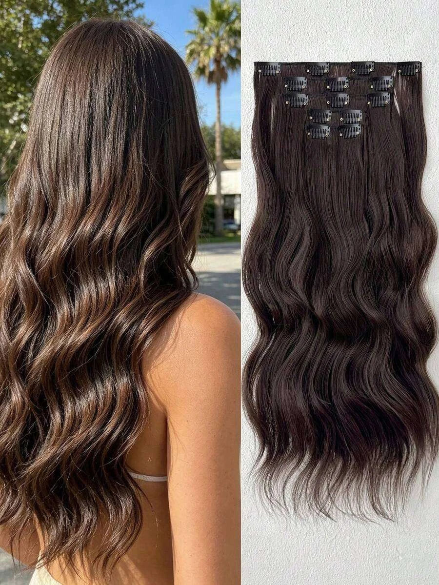 16-Piece Water Wave Clip-In Hair Extensions for Women – Full Head Coverage, Soft Natural Wave Texture – Perfect for Everyday Wear & Special Occasions – Synthetic Fiber, 24 Inch, Black Brown