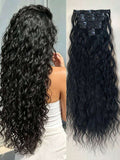 16-Piece Water Wave Clip-In Hair Extensions for Women – Full Head Coverage, Soft Natural Wave Texture – Perfect for Everyday Wear & Special Occasions – Synthetic Fiber, 24 Inch, Black