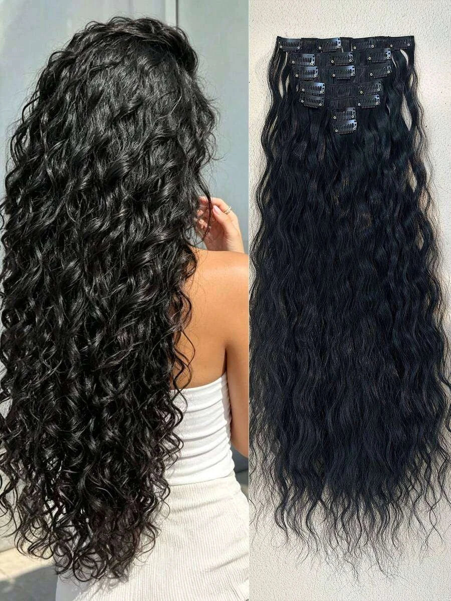 16-Piece Water Wave Clip-In Hair Extensions for Women – Full Head Coverage, Soft Natural Wave Texture – Perfect for Everyday Wear & Special Occasions – Synthetic Fiber, 24 Inch, Black