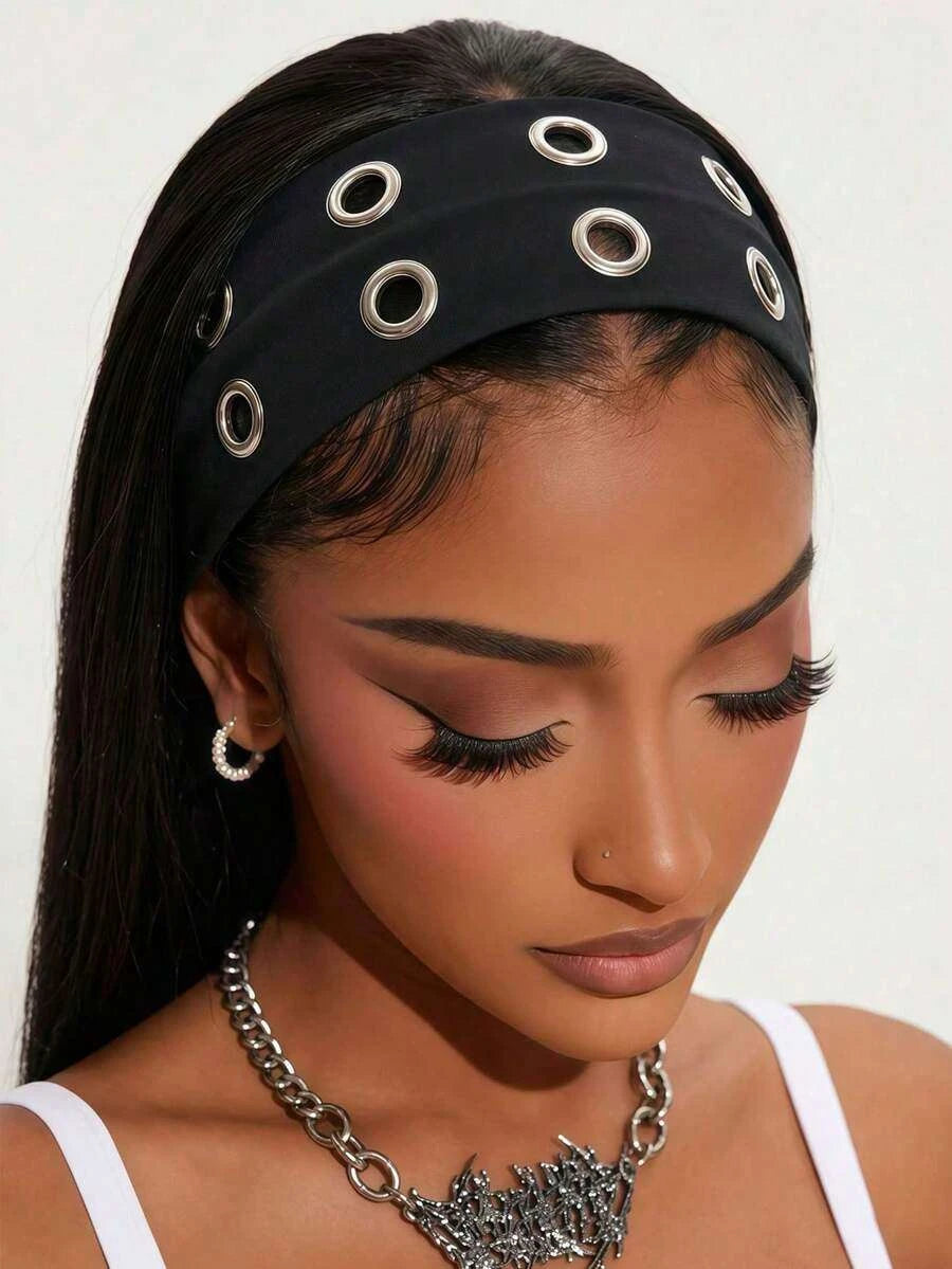 Anti-Slip Elastic Hollow-Out Headband for Women – Punk Gothic Style, Soft Stretch Fit – Perfect for Beach, Yoga, Sports & Daily Wear – Polyester, One Size