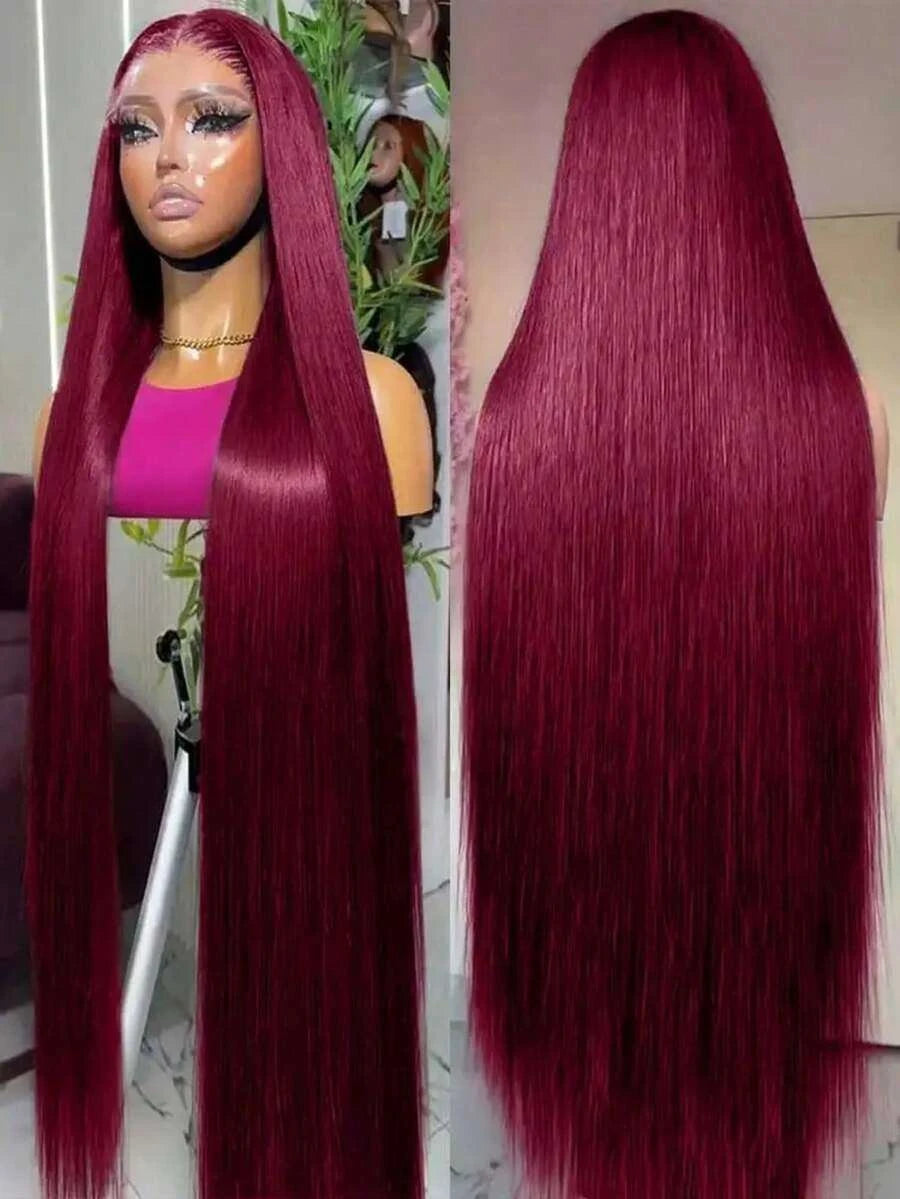 Glueless Straight Lace Front Human Hair Wig for Women – 13x4/13x6 Transparent Lace, Pre-Plucked with Baby Hair, 200% Density – Perfect for Everyday Wear & Special Occasions – Brazilian Human Hair Blend, 40 Inch, Burgundy