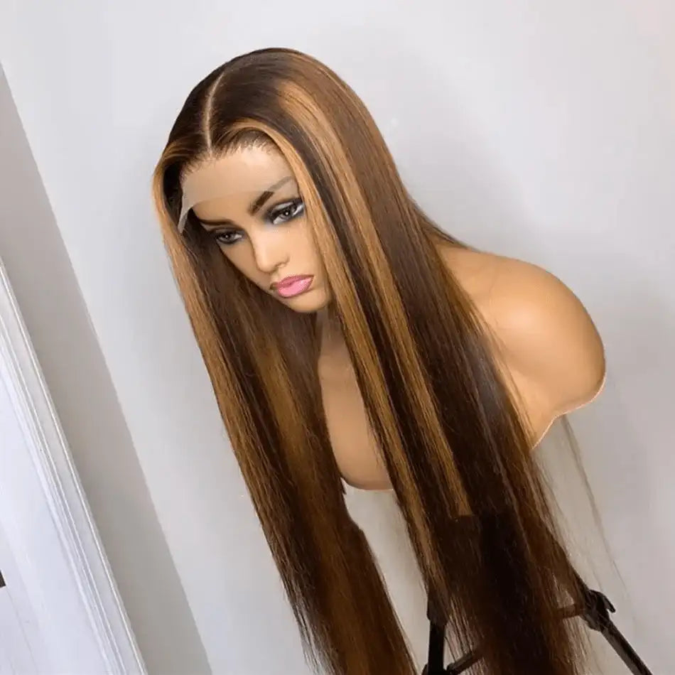 Glueless Straight Lace Front Human Hair Wig for Women – 13x4/13x6 Transparent Lace, Pre-Plucked with Baby Hair, 200% Density – Perfect for Everyday Wear & Special Occasions – Brazilian Human Hair Blend, 40 Inch, Brown & Honey Blonde Ombre (S4/27)