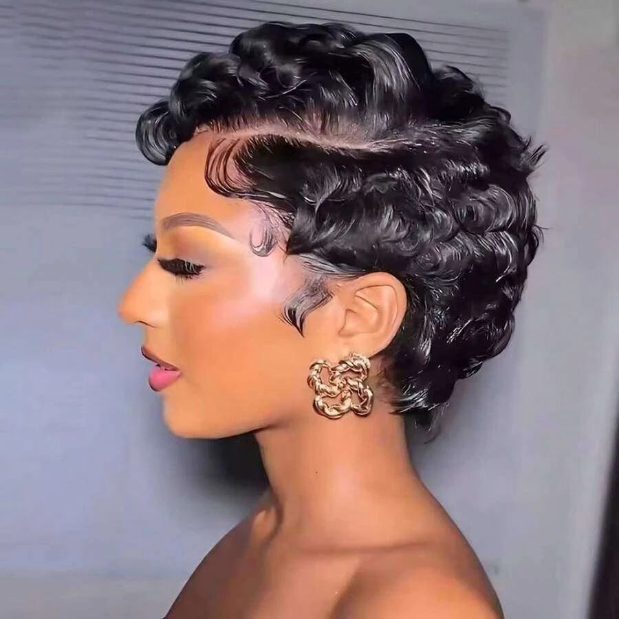 Glueless Pixie Cut Short Bob Wig for Women – 13x4 HD Lace Front, Curly Deep Wave Texture, Full Lace Construction – Perfect for Everyday Wear & Quick Styling – Brazilian Human Hair Blend, 4–6 Inch, Natural Black