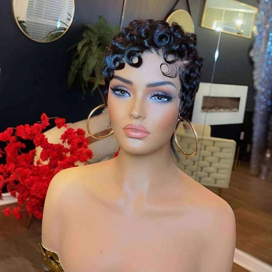 Glueless Pixie Cut Short Bob Wig for Women – 13x4 HD Lace Front, Curly Deep Wave Texture, Full Lace Construction – Perfect for Everyday Wear & Quick Styling – Brazilian Human Hair Blend, 4–6 Inch, Natural Black
