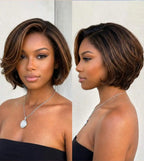 Glueless Wear & Go Layered Bob Wig for Women – 4x4 Pre-Cut Pre-Bleached Lace, Pre-Plucked Hairline, 180% Density – Perfect for Summer & Everyday Glam – 100% Remy Human Hair, 8–10 Inch, Chocolate Brown & Blonde Ombre (S4/30)