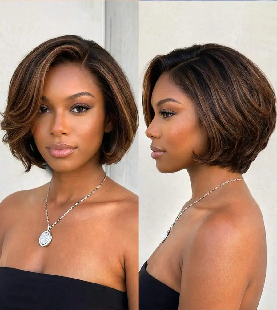 Glueless Wear & Go Layered Bob Wig for Women – 4x4 Pre-Cut Pre-Bleached Lace, Pre-Plucked Hairline, 180% Density – Perfect for Summer & Everyday Glam – 100% Remy Human Hair, 8–10 Inch, Chocolate Brown & Blonde Ombre (S4/30)