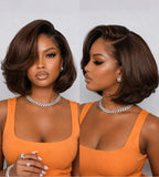 Glueless Wear & Go Layered Bob Wig for Women – 4x4 Pre-Cut Pre-Bleached Lace, Pre-Plucked Hairline, 180% Density – Perfect for Summer & Everyday Glam – 100% Remy Human Hair, 8–10 Inch, Chocolate Brown (S4)