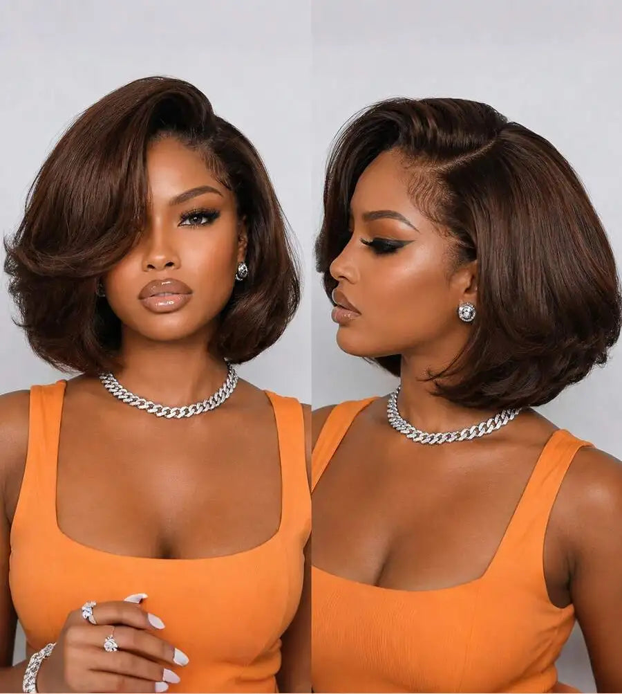 Glueless Wear & Go Layered Bob Wig for Women – 4x4 Pre-Cut Pre-Bleached Lace, Pre-Plucked Hairline, 180% Density – Perfect for Summer & Everyday Glam – 100% Remy Human Hair, 8–10 Inch, Chocolate Brown (S4)