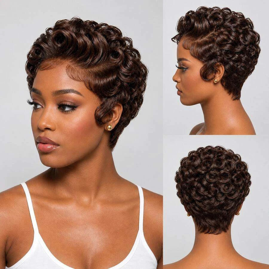 Glueless Pixie Cut Short Bob Wig for Women – 13x4 HD Lace Front, Curly Deep Wave Texture, Full Lace Construction – Perfect for Everyday Wear & Quick Styling – Brazilian Human Hair Blend, 4–6 Inch, Dark Brown (#2)