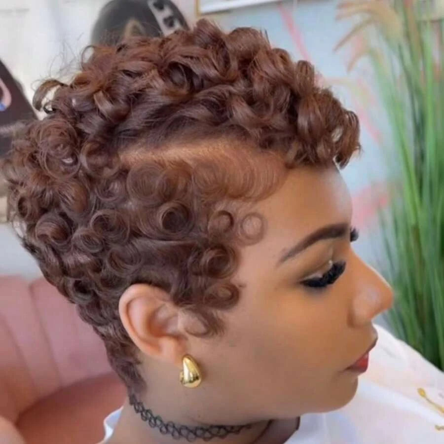 Glueless Pixie Cut Short Bob Wig for Women – 13x4 HD Lace Front, Curly Deep Wave Texture, Full Lace Construction – Perfect for Everyday Wear & Quick Styling – Brazilian Human Hair Blend, 4–6 Inch, Light Brown (#4)