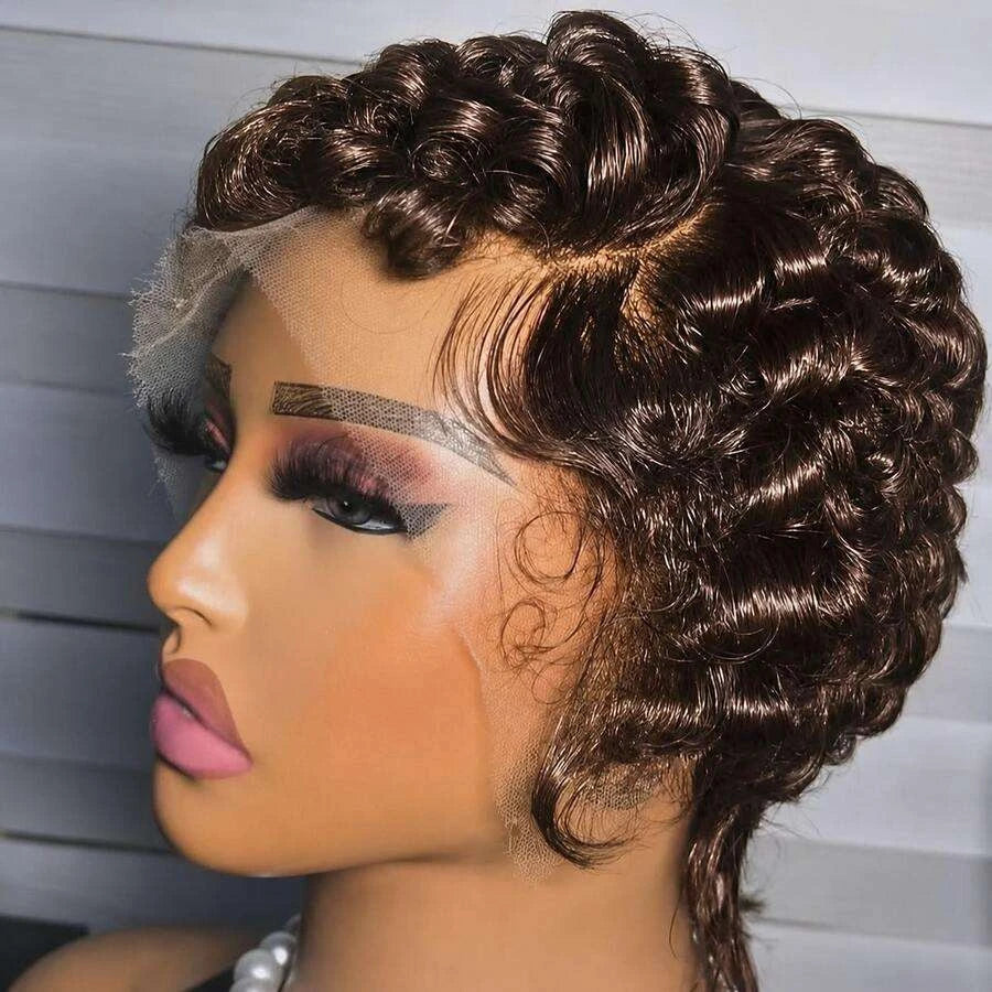 Glueless Pixie Cut Short Bob Wig for Women – 13x4 HD Lace Front, Curly Deep Wave Texture, Full Lace Construction – Perfect for Everyday Wear & Quick Styling – Brazilian Human Hair Blend, 4–6 Inch, Dark Brown (#2)