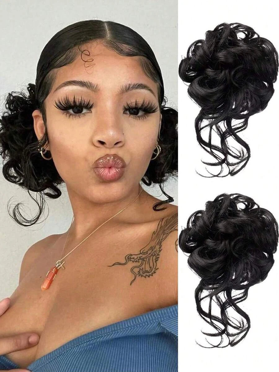 Heat-Resistant Curly Messy Bun Scrunchie Ponytail for Women – Braided Elastic Wrap, Instant Updo Style – Perfect for Parties & Everyday Wear – Synthetic Fiber