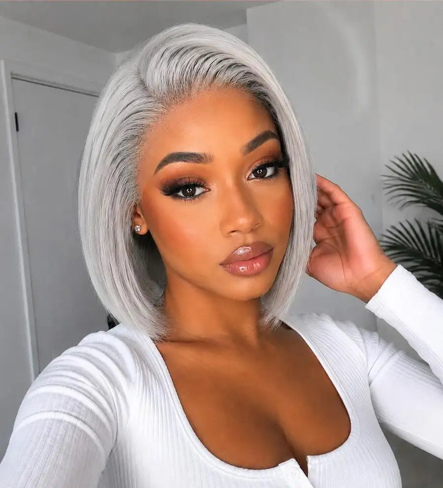 Glueless Wear & Go Layered Bob Wig for Women – 4x4 Pre-Cut Pre-Bleached Lace, Pre-Plucked Hairline, 180% Density – Perfect for Summer & Everyday Glam – 100% Remy Human Hair, 8–10 Inch, Gray