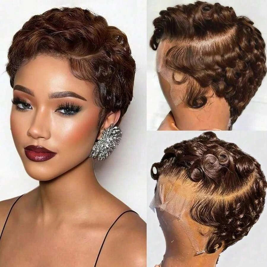 Glueless Pixie Cut Short Bob Wig for Women – 13x4 HD Lace Front, Curly Deep Wave Texture, Full Lace Construction – Perfect for Everyday Wear & Quick Styling – Brazilian Human Hair Blend, 4–6 Inch, Dark Brown (#2)