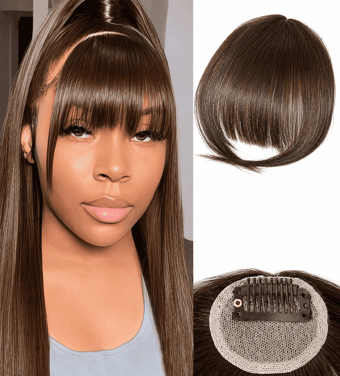 Beginner-Friendly Air Bangs with Sideburns Clip-In Hair Extension for Women – S2 Brown, Easy Wear Real-Hair Look – Perfect for Quick Styling & Everyday Wear – Brazilian Human Hair Blend, 6 Inch