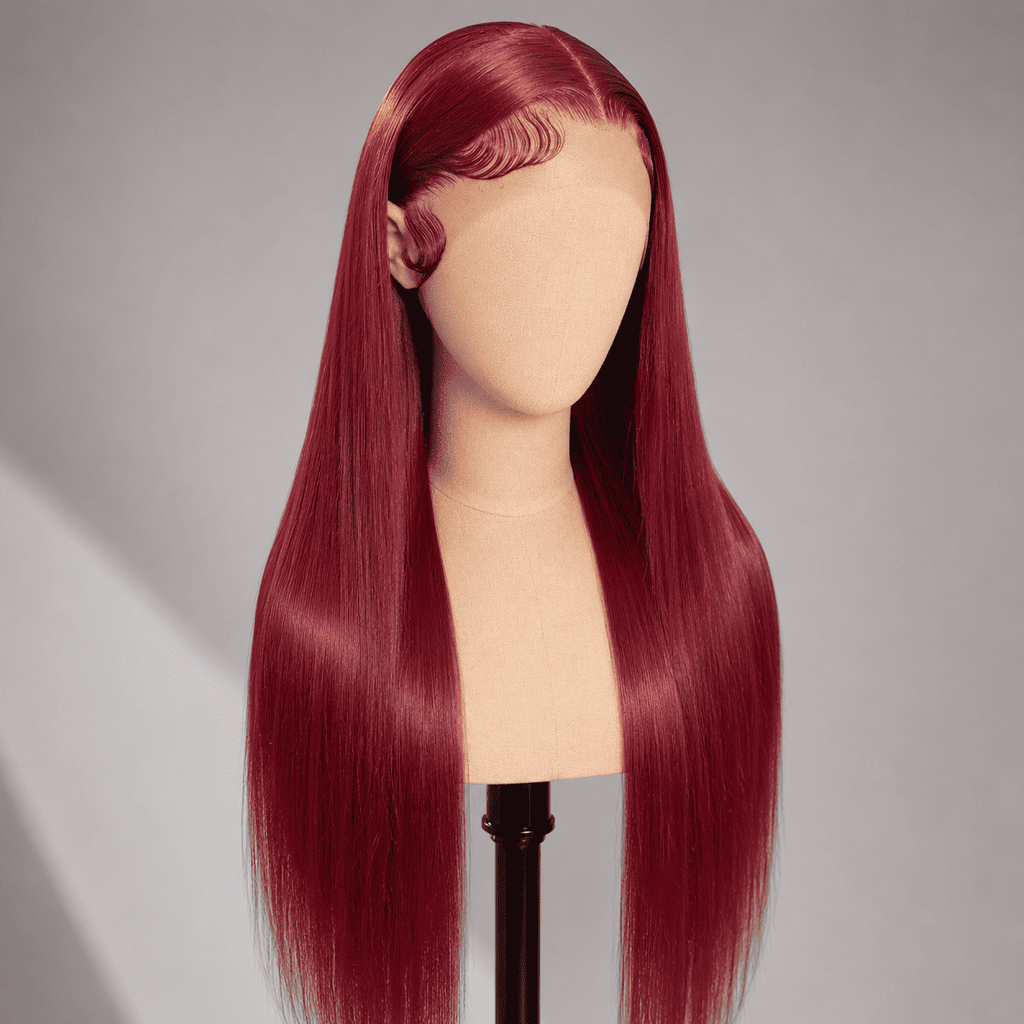 Glueless Straight Lace Front Human Hair Wig for Women – 13x4/13x6 Transparent Lace, Pre-Plucked with Baby Hair, 200% Density – Perfect for Everyday Wear & Special Occasions – Brazilian Human Hair Blend, 40 Inch, Burgundy