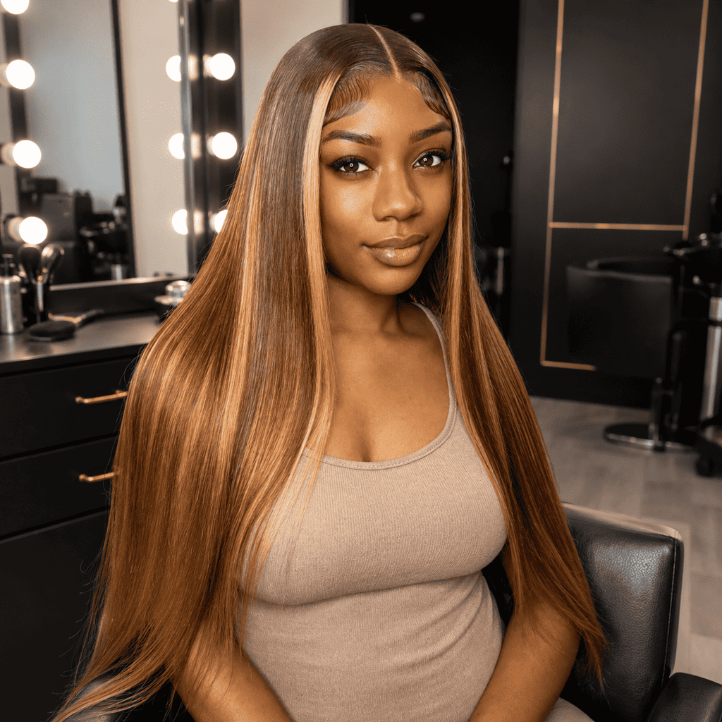 Glueless Straight Lace Front Human Hair Wig for Women – 13x4/13x6 Transparent Lace, Pre-Plucked with Baby Hair, 200% Density – Perfect for Everyday Wear & Special Occasions – Brazilian Human Hair Blend, 40 Inch, Brown & Honey Blonde Ombre (S4/27)